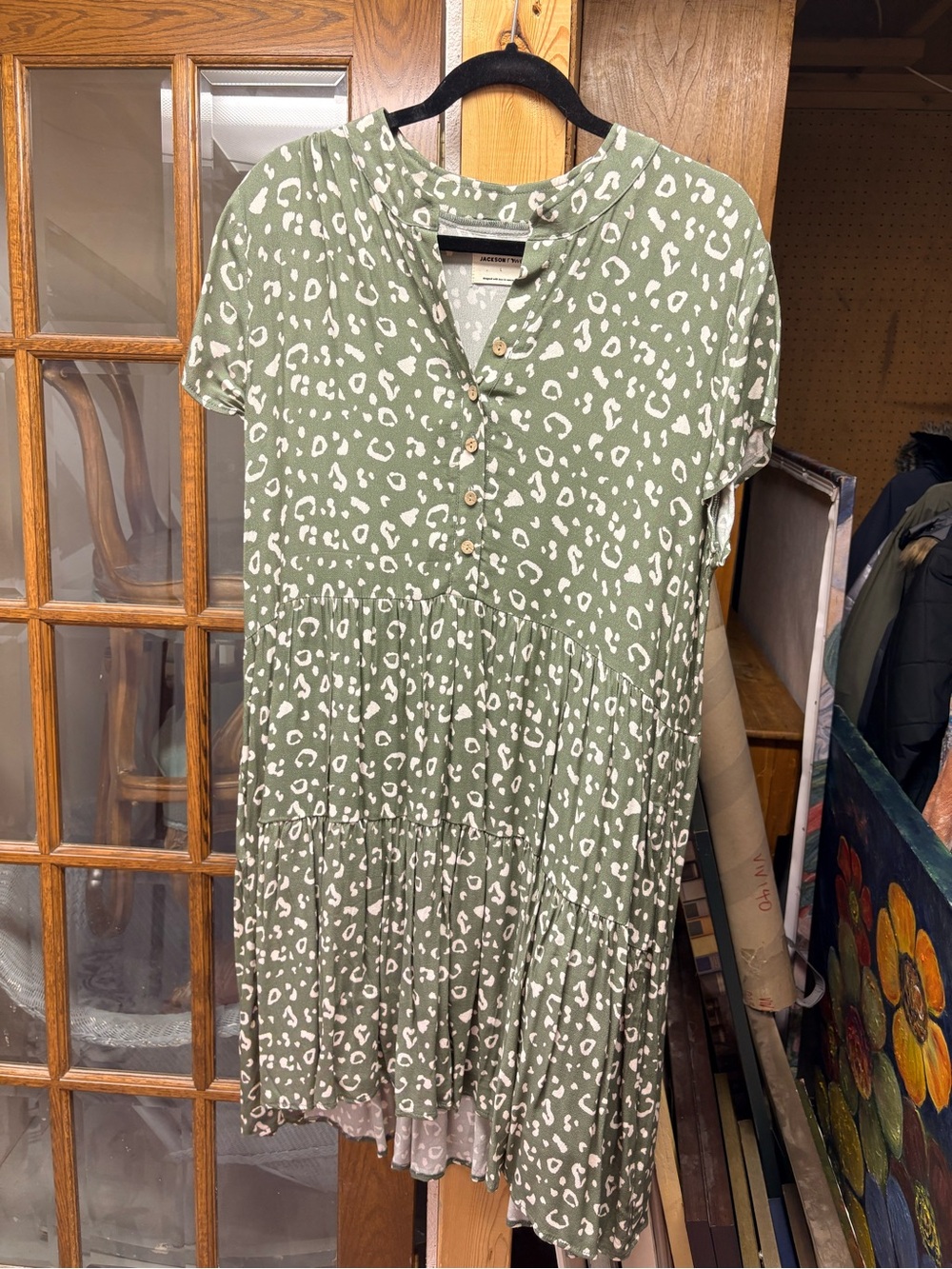 Jackson Rowe Olive Green Leopard Print Tiered Button Dress